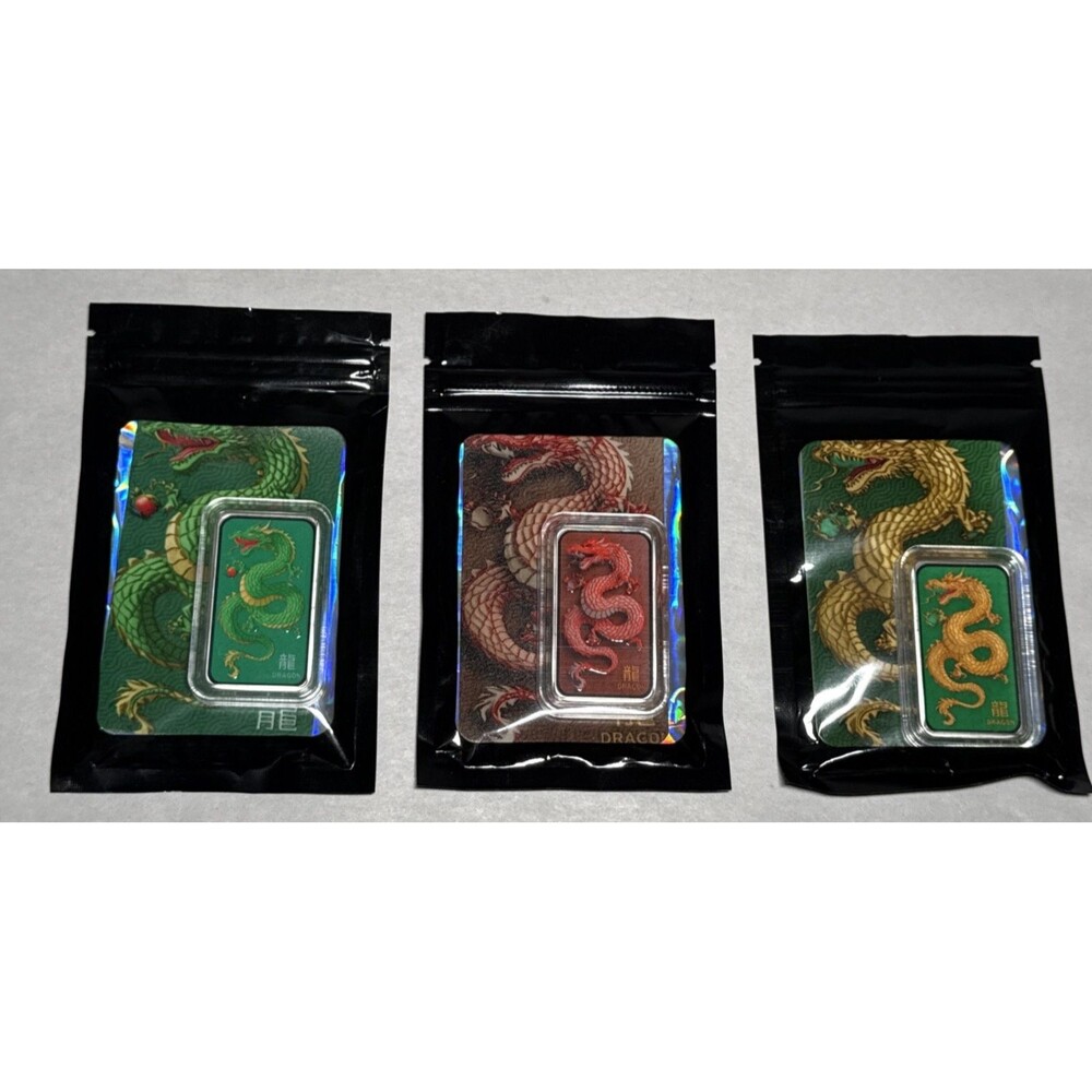 Set of 3 Silver 1 Oz Perth Mint Australia Dragon Viridescent Red Golden Art Bars